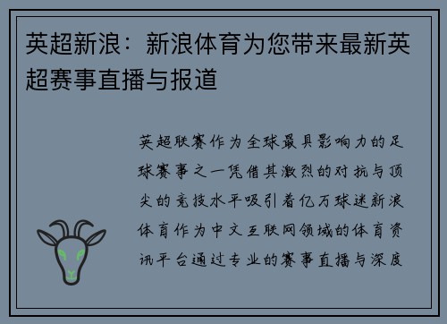 英超新浪：新浪体育为您带来最新英超赛事直播与报道