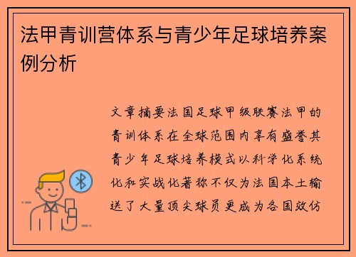 法甲青训营体系与青少年足球培养案例分析